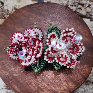 HANDMADE Floral Beaded Hair Comb - Red, Green, White